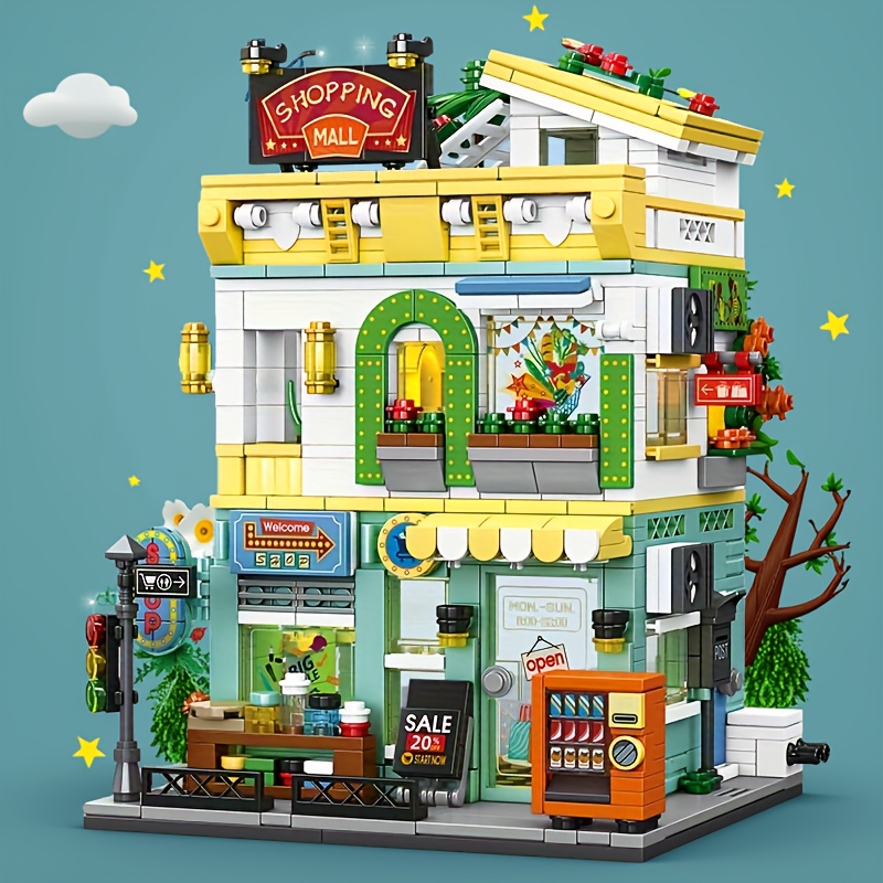 Model Kit Companies - Stadtleben-Straßenszene Supermarkt Hotel Bausteine, Modulares Stadtgeschäft-Modell,