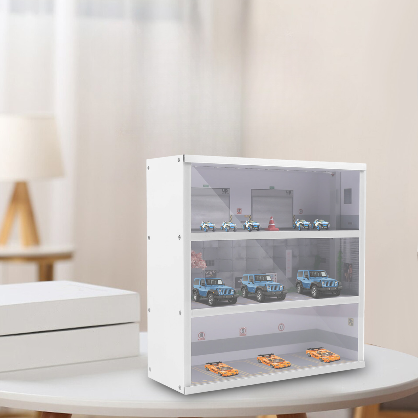 Model Kit Display Case - 1:64 Simulations-Diorama Parkplatz-Vitrine, 3-stöckig mit 16